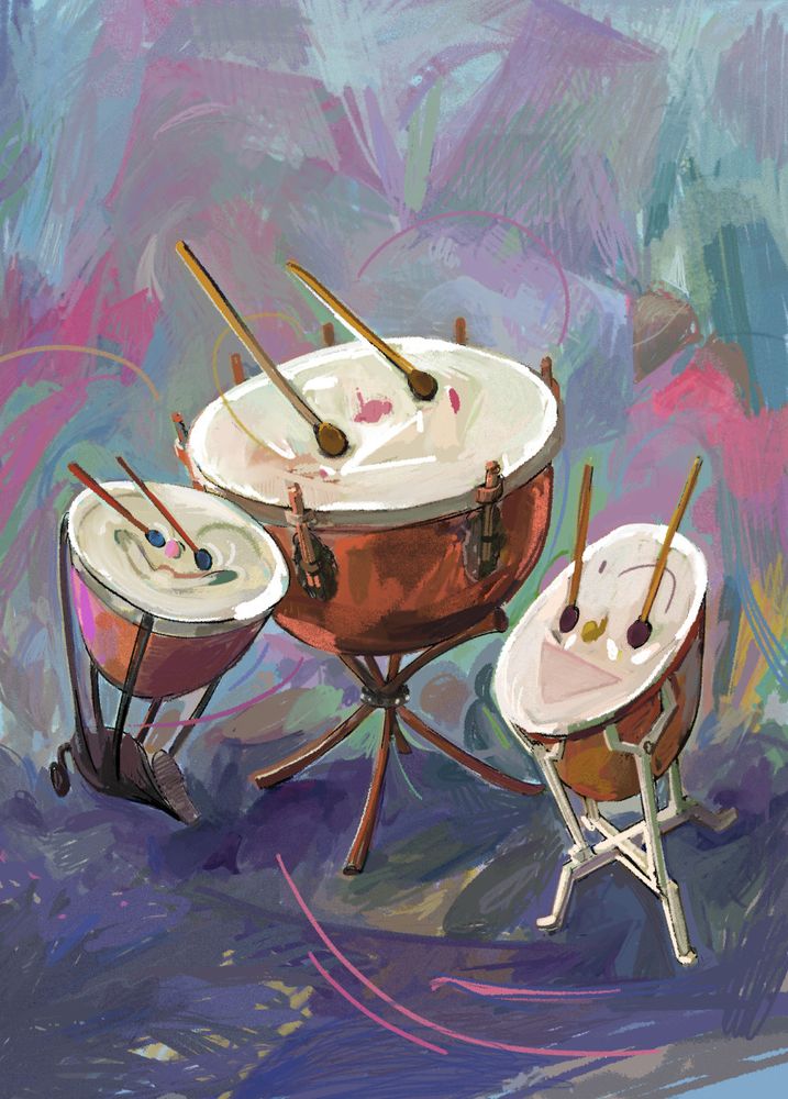 a painting of three timpani characters, with sticks serving as their eyes.