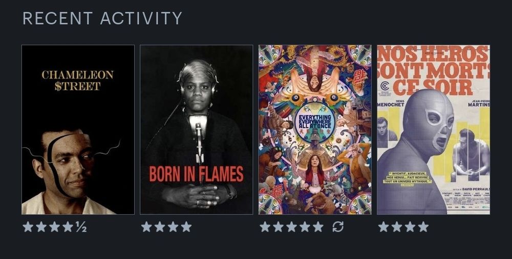 4 dernier film sur Letterboxd 
Chameleon Street 
Born in Flames 
Everything Everywhere All At Once 
Nos Héros Sont Mort ce Soir