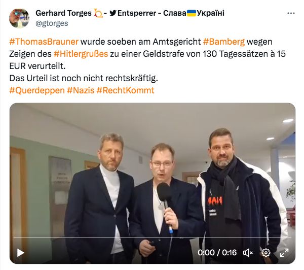 #ThomasBrauner wurde soeben am Amtsgericht #Bamberg wegen Zeigen des #Hitlergrußes zu einer Geldstrafe von 130 Tagessätzen à 15 EUR verurteilt.
Das Urteil ist noch nicht rechtskräftig.
#Querdeppen #Nazis #RechtKommt