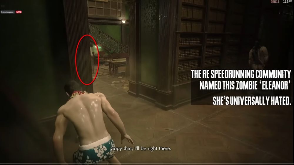 Screenshot from Youtube. A Resident Evil 2 REmake speedrun, with text saying, "The RE speedrunning community named this zombie Eleanor. She'd universally hated."