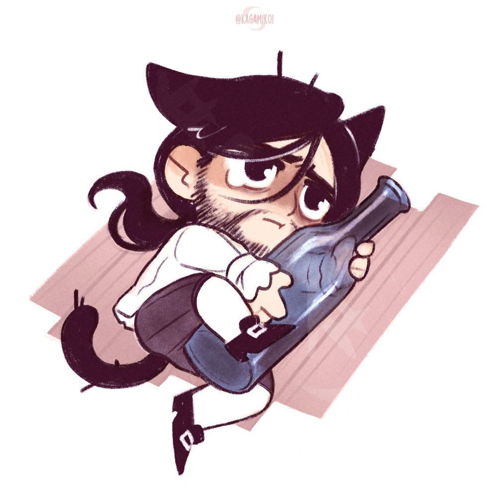 Chibi of Arno Dorian depicted with cat ears and tail, curled-up against a giant empty bottle.