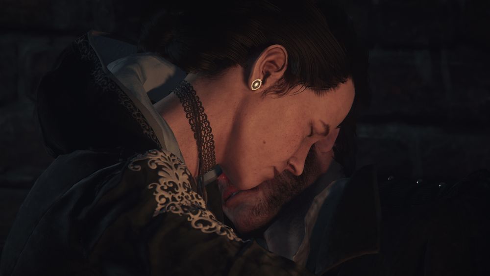 medium close up on Evie and Jacob Frye. Evie is holding Jacob against her, with a painful expression. 