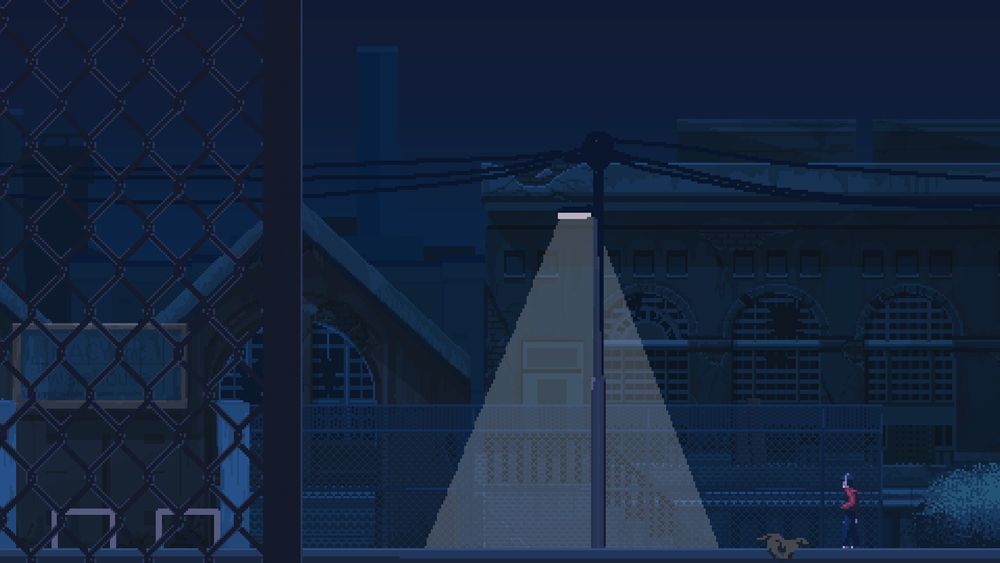 An industrial area by night with the character still walking