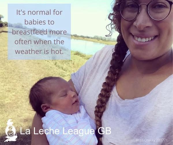 A smiling mother in the sun, with a young baby in her arms. Text: It's normal for babies to breastfeed more often when the weather is hot