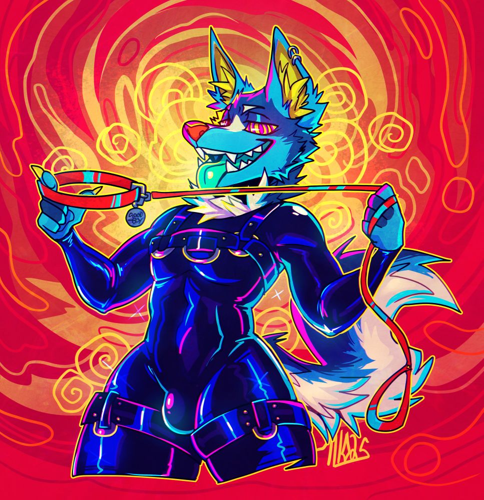 A neon-shaded drawing of furry Drake, clad in latex, his eyes spiralling in hypnotic bliss. He's holding up a collar and a leash in a suggestive pose...