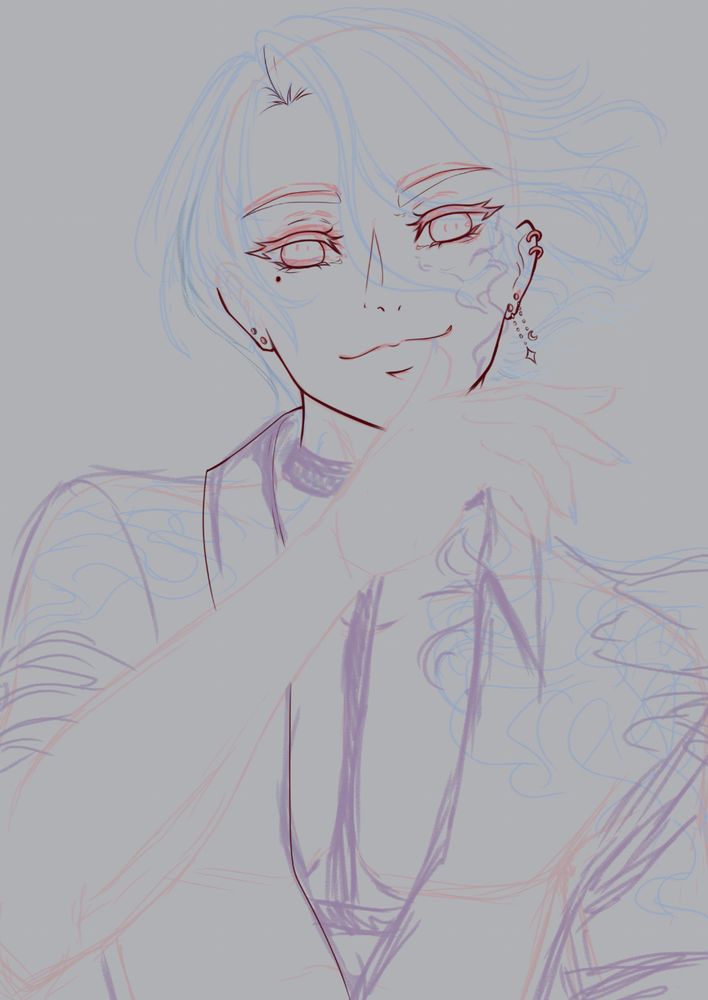 Sketch of a vampire the masquerade character Raxtus De Vere a lasombra. Hes smirking with his hand up to his mouth as the edges of him disappear into shadow. 