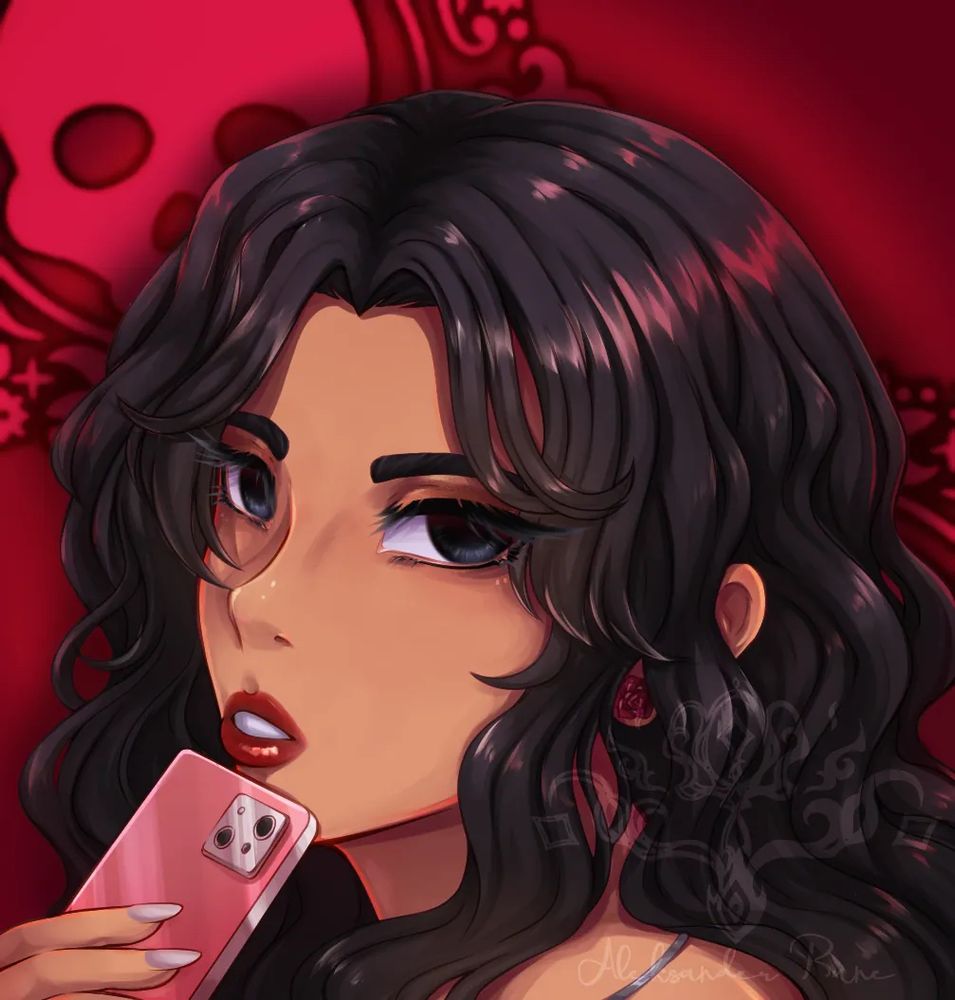 Noa is a Hecata Clan VTM OC who has long black curly hair and dark eyes with little light boucing off them. She has red glossy lipstick, brown eyeshadow, and pink nails and is holding her pink phone to her chin. She has a matching red rose earring to Nyth. There is decorative red skulls in the background