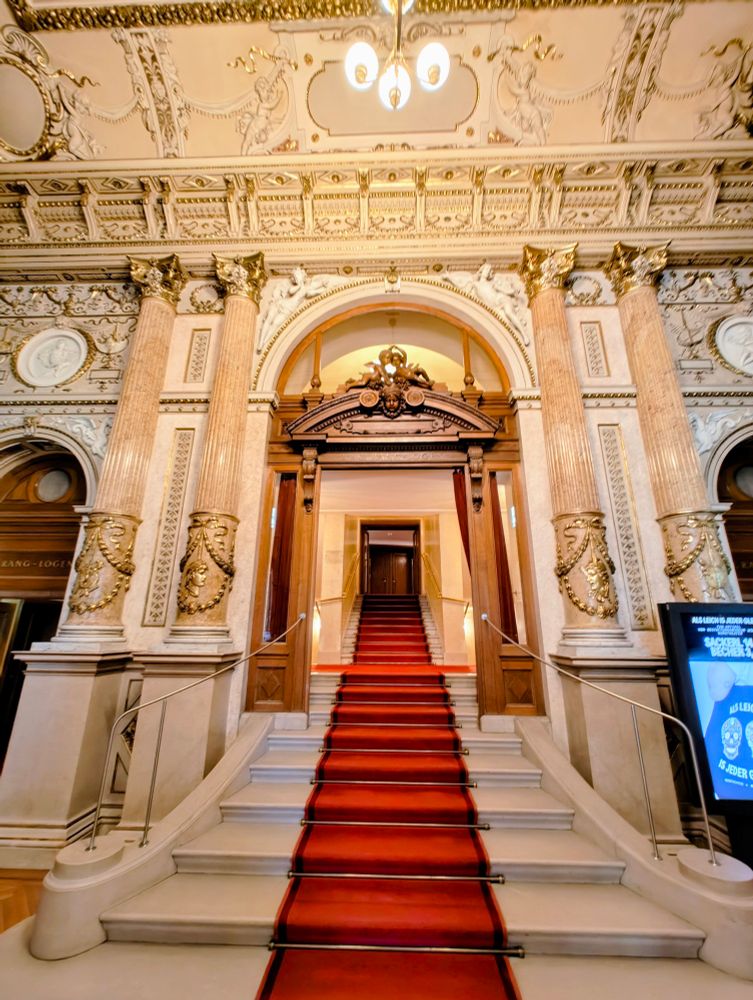 A ceremonial red carpet staircase inside a golden hall, framed by ornate columns and gilded reliefs. The path leads upward to a closed door, symbolizing ascension through inner softness, not spectacle. A screen beside reads: “Als Leich ist jeder gleich.”