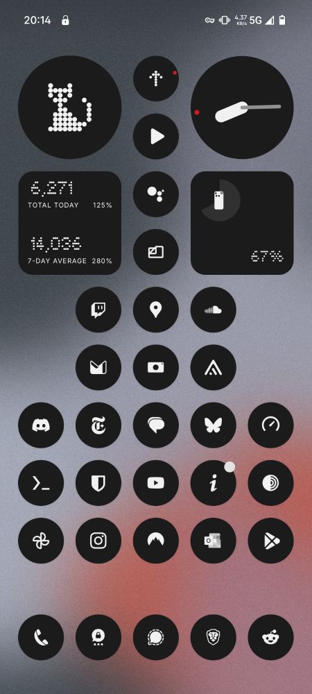 A minimalist Android home screen in dark mode, featuring monochrome icons arranged in a calm, symmetrical grid. The background is pure black, evoking quiet. Each app icon feels deliberate, like stones placed in a Zen garden. No widgets, no noise — just presence.