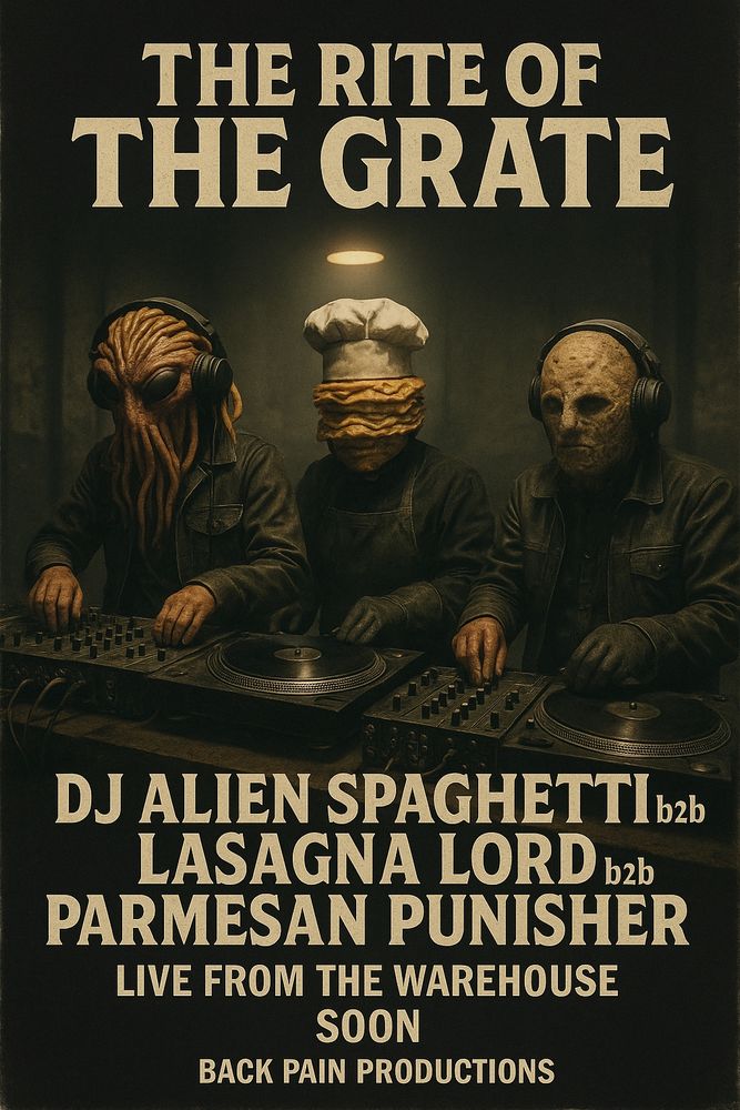 Three humanoid DJs with food-based heads—spaghetti tentacles, stacked lasagna sheets with a chef hat, and a cracked parmesan rind—stand behind turntables in a dimly lit warehouse. All wear black leather jackets and headphones. Bold text reads: “THE RITE OF THE GRATE – DJ ALIEN SPAGHETTI b2b LASAGNA LORD b2b PARMESAN PUNISHER – LIVE FROM THE WAREHOUSE SOON – BACK PAIN PRODUCTIONS.”

