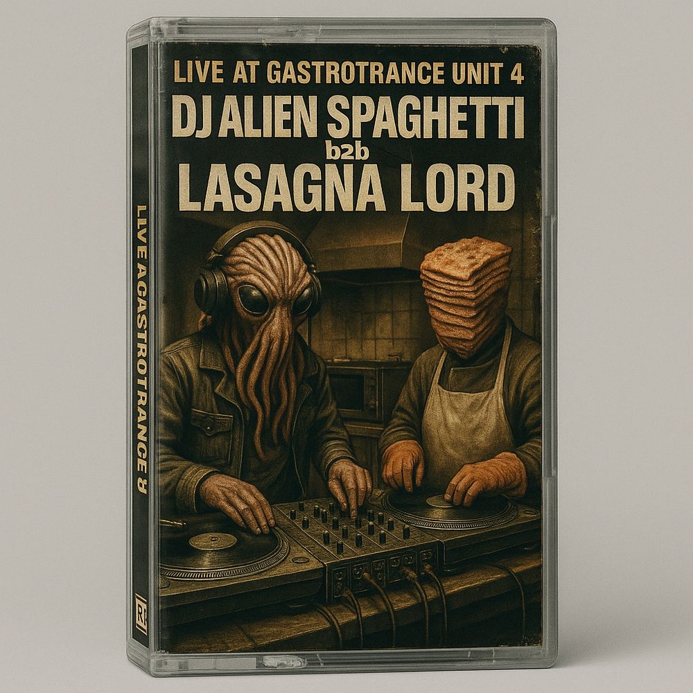 A vintage-style cassette case featuring DJ Alien Spaghetti, a humanoid with spaghetti tentacles for a head and large black eyes, performing a back-to-back set with Lasagna Lord, a figure with a stacked lasagna head and apron. Both are mixing on turntables in a dimly lit industrial kitchen. The cover reads “LIVE AT GASTROTRANCE UNIT 4 – DJ ALIEN SPAGHETTI b2b LASAGNA LORD” in bold retro font.

