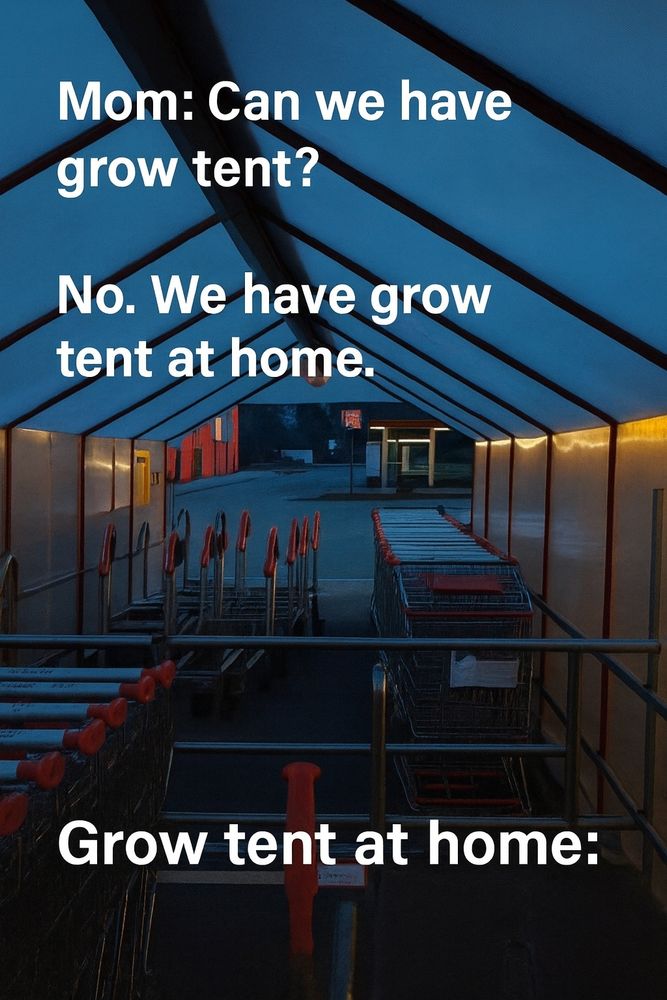 Side-by-side meme. Left panel shows a professional indoor grow tent glowing with LED light and lush plants. Right panel shows a supermarket cart shelter with red beams and a translucent roof. The shelter is empty except for shopping carts. The caption implies this is the “grow tent at home.” A visual metaphor for misplaced growth, budget improvisation, and soft disappointment. 🛒🌱🫠

