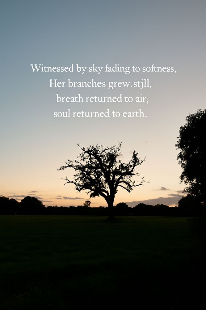 A solitary, leafless tree stands in silhouette against a soft, fading sunset. The sky glows with gradients of blue and amber, while the surrounding field lies quiet and green. No power lines disturb the view — only stillness, as if the world paused to listen to her branches.

