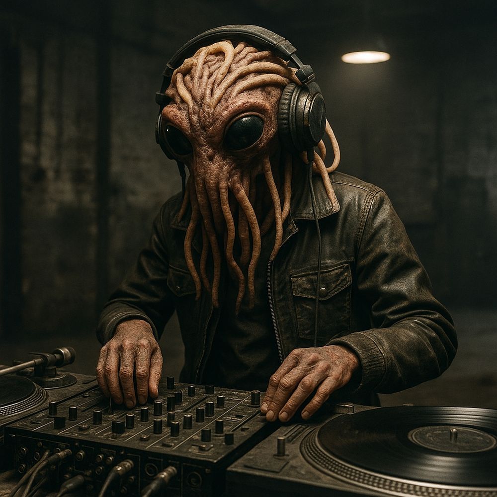 A humanoid figure with a realistic, alien-like head made entirely of fleshy spaghetti tendrils, large black eyes, and wearing a dark leather jacket. He’s DJing in a gritty warehouse, intensely focused behind a dusty mixer and dual turntables, wearing large black headphones. The mood is cinematic and underground, with moody lighting and a soft industrial haze in the background. The vibe is: unreleased tracks only, BPMs above 140, and absolutely no requests.

