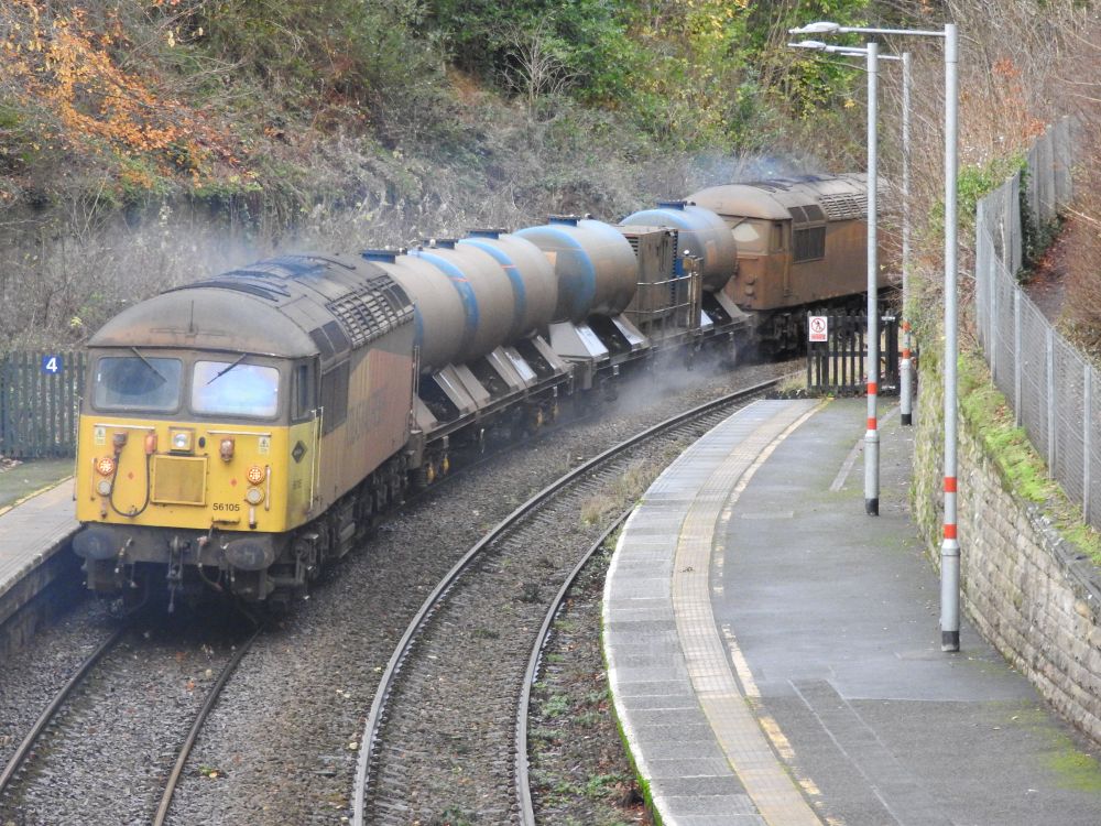 56090/56105 on 3J78, the return to Carlisle from Nunthorpe passing Wetheral station. (4/12/25)