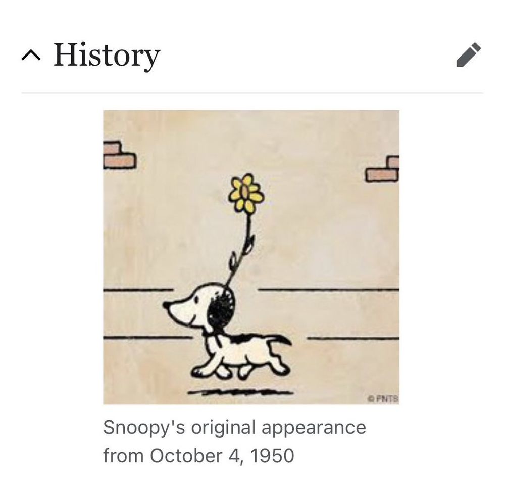 Screenshot from Snoopy's wikipedia page showing his first comic appearance in Peanuts on October 4th, 1950