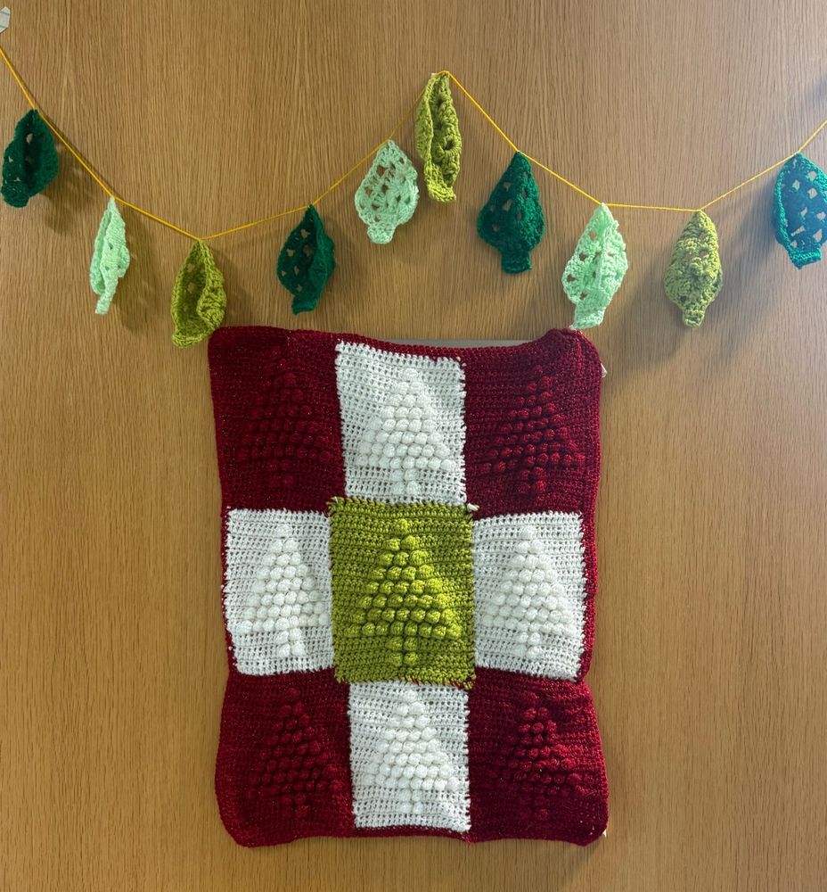 Lab door decorated with crocheted Christmas ornaments.