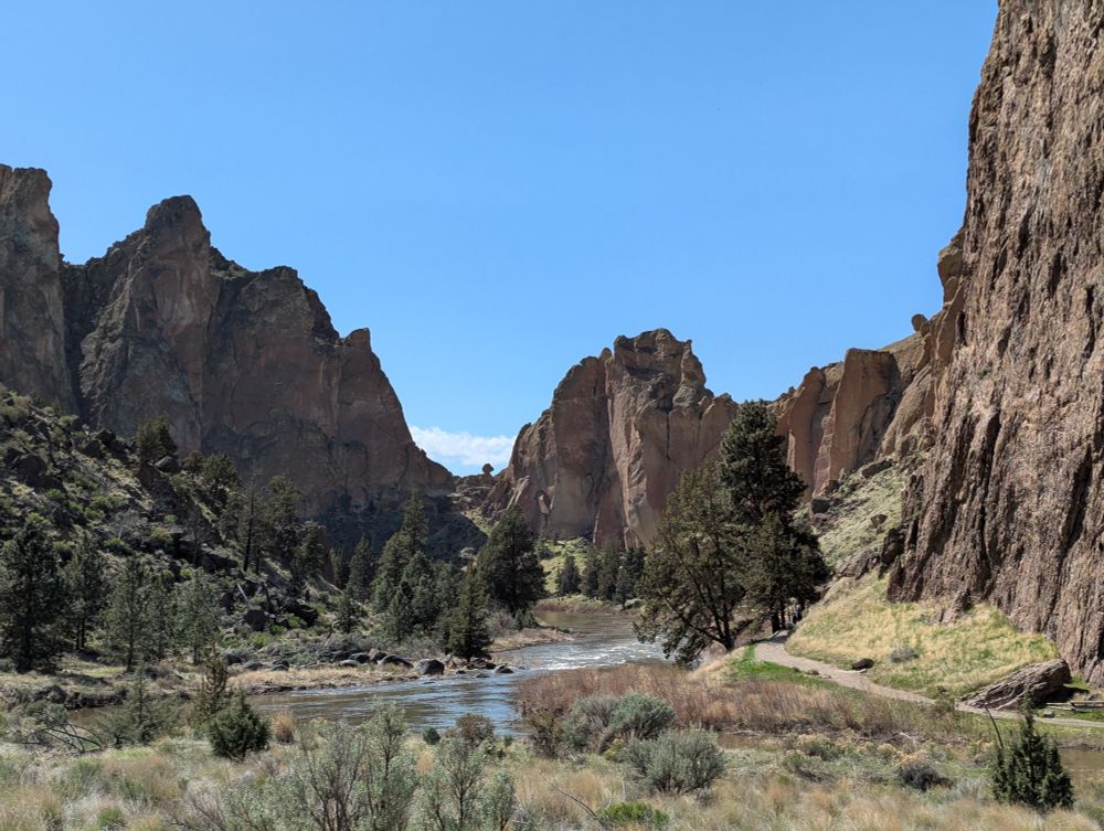 The cliffs of Smith Rock next to the river and the hiking trails.