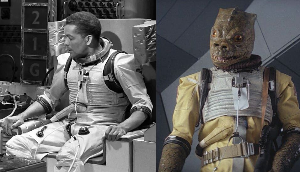 Depicted is Earl Cameron CBE as astronaut Glyn Williams in the 1st Doctor story The Tenth Planet (1966). Next to that picture is a picture of the bounty hunter Bossk from The Empire Strikes Back (1980). The outfit Bossk is wearing is the same one Earl wore in the Doctor Who story The Tenth Planet.

#DoctorWho #StarWars #TheEmpireStrikesBack