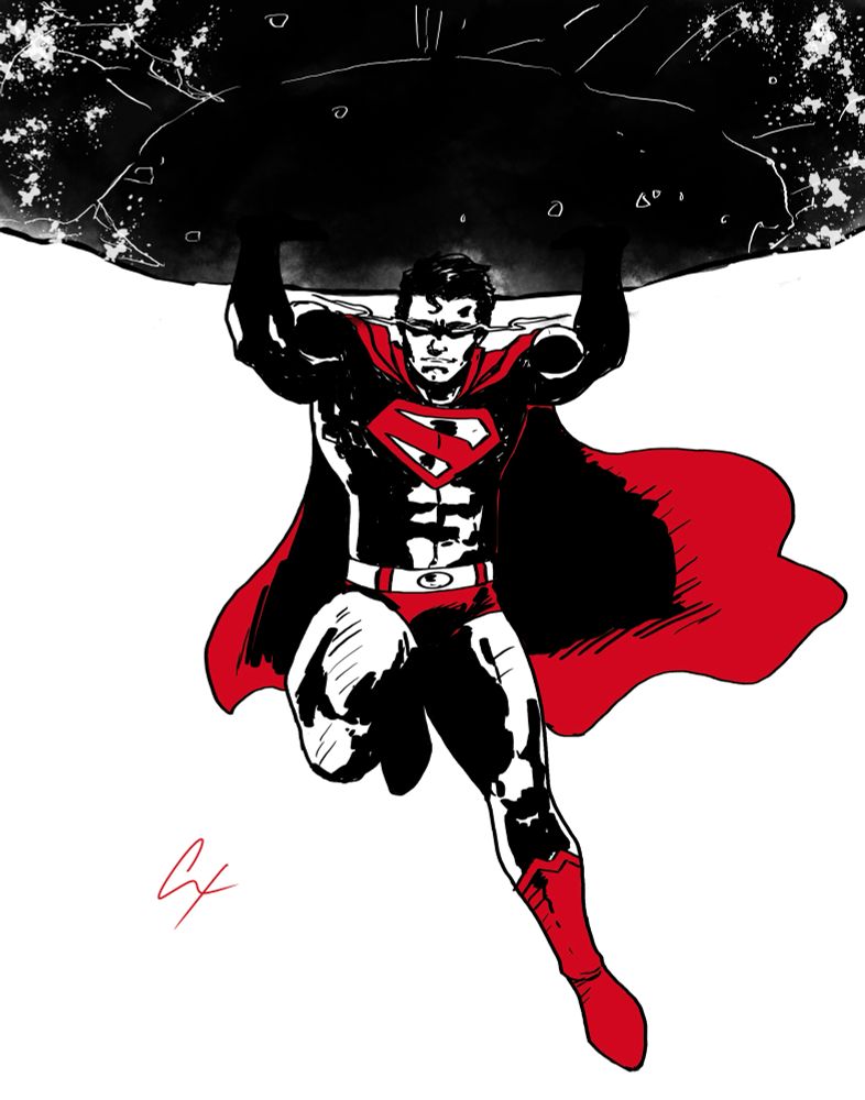 Superman, black and white, comic book art, inking, digital art