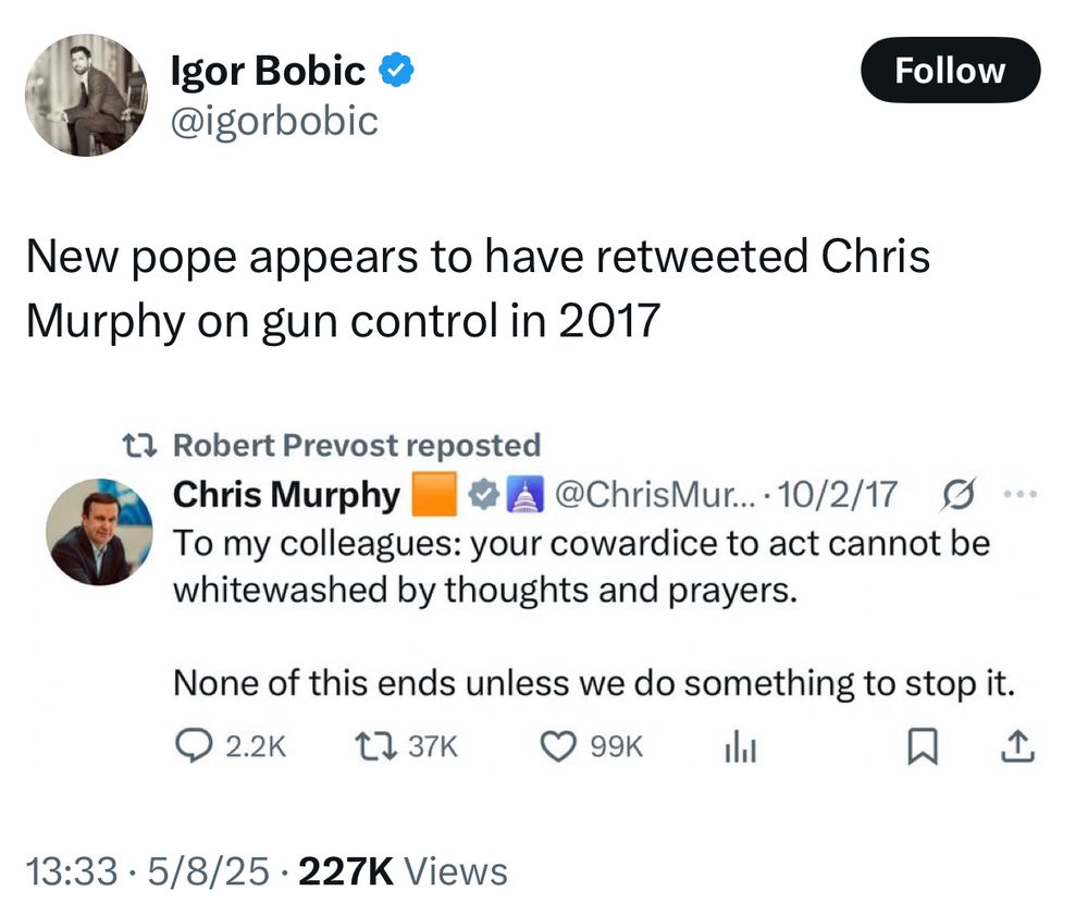 Text: New pope appears to have retweeted Chris Murphy on gun control in 2017