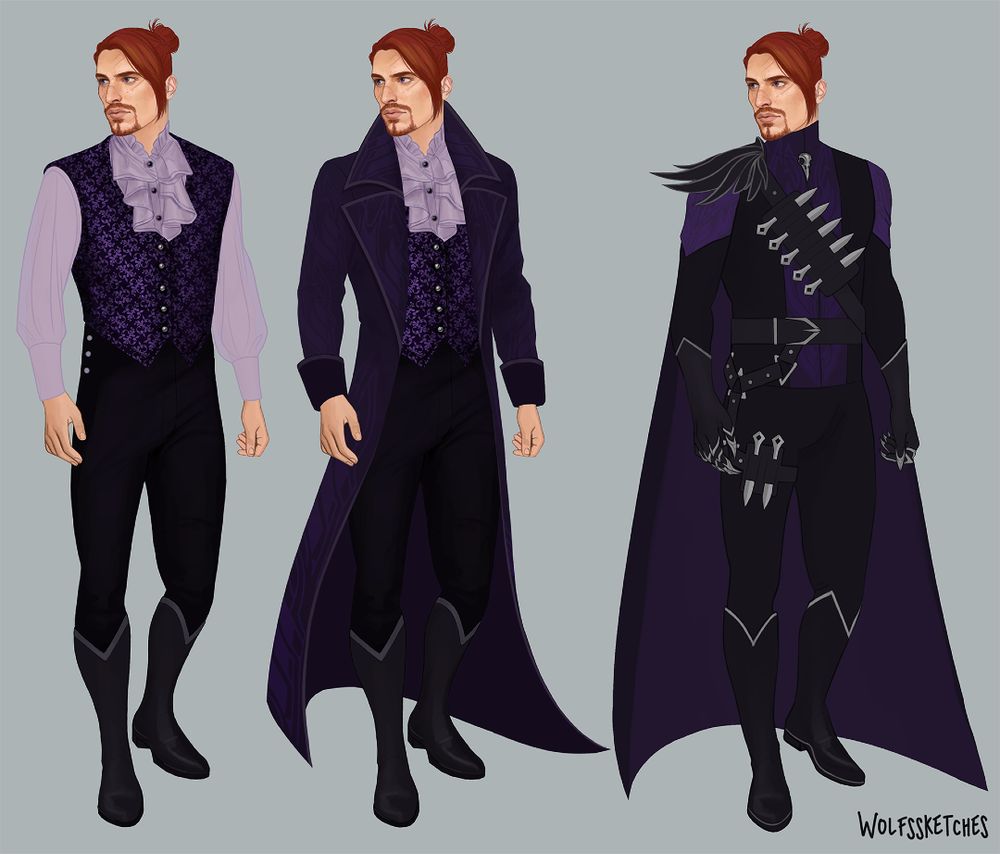 Three variations of a custom Rook from Dragon Age: the Veilguard stand in a row. He is a human man with long red hair in a bun and pale freckled skin The first outfit is includes a pale purple shirt, dark pants, and a waistcoat with a purple floral pattern. The second outfit is the same with the addition of a sweeping dark purple coat. The last outfit is black and purple armor with multiple sheaths for throwing knives, clawed gloves, and a purple cape with a wing design at the shoulder.