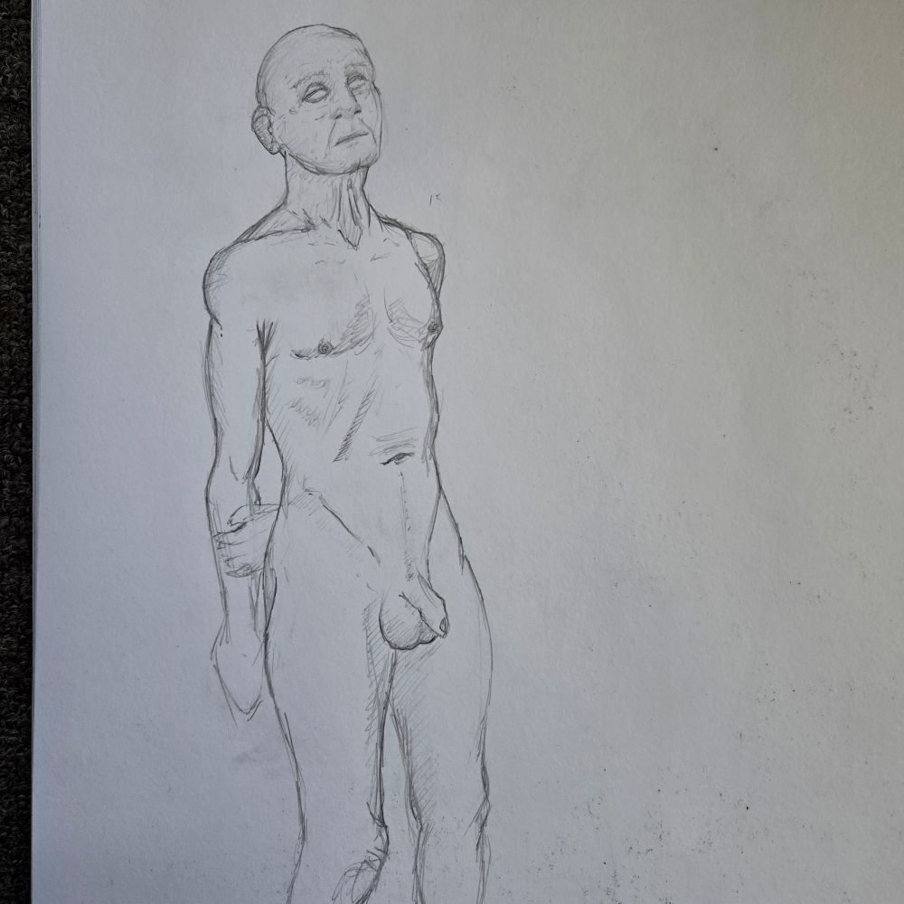 An old man stand nude 