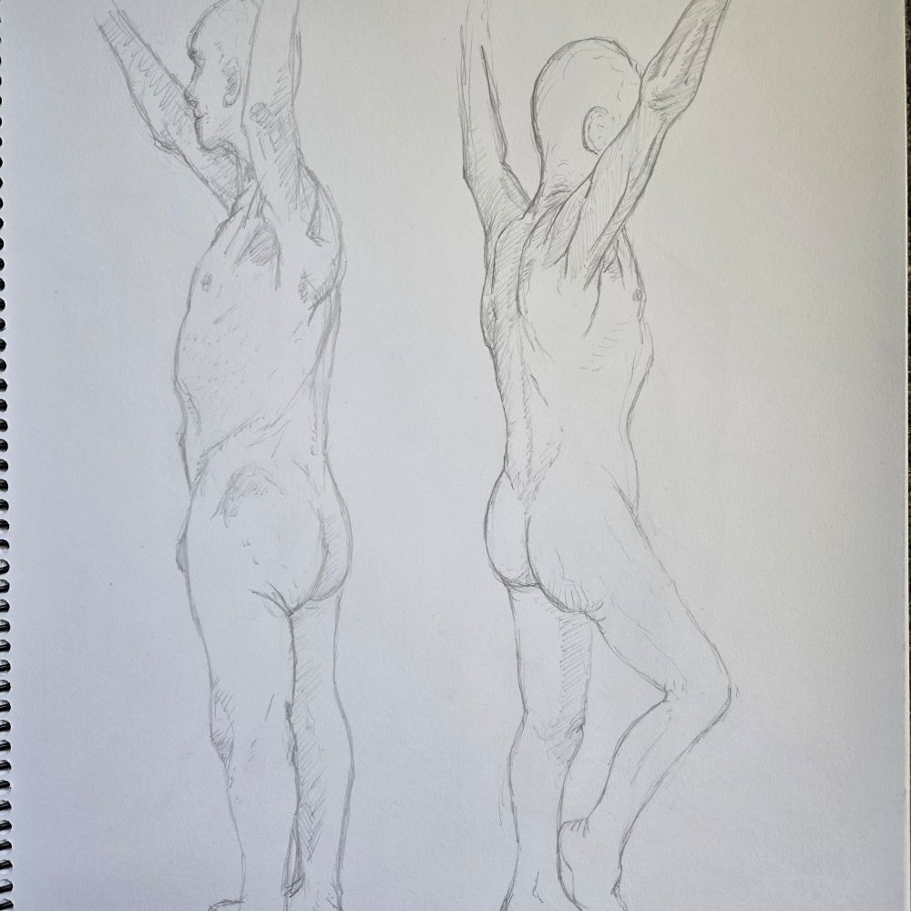 Two illustrations of nude men standing with their back to the artist 
