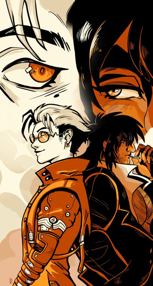 Two artists one base meme, left is Vash drawn by myself, right is Wolfwood drawn by renardsruses, colored in a limited color palette of creams and oranges.