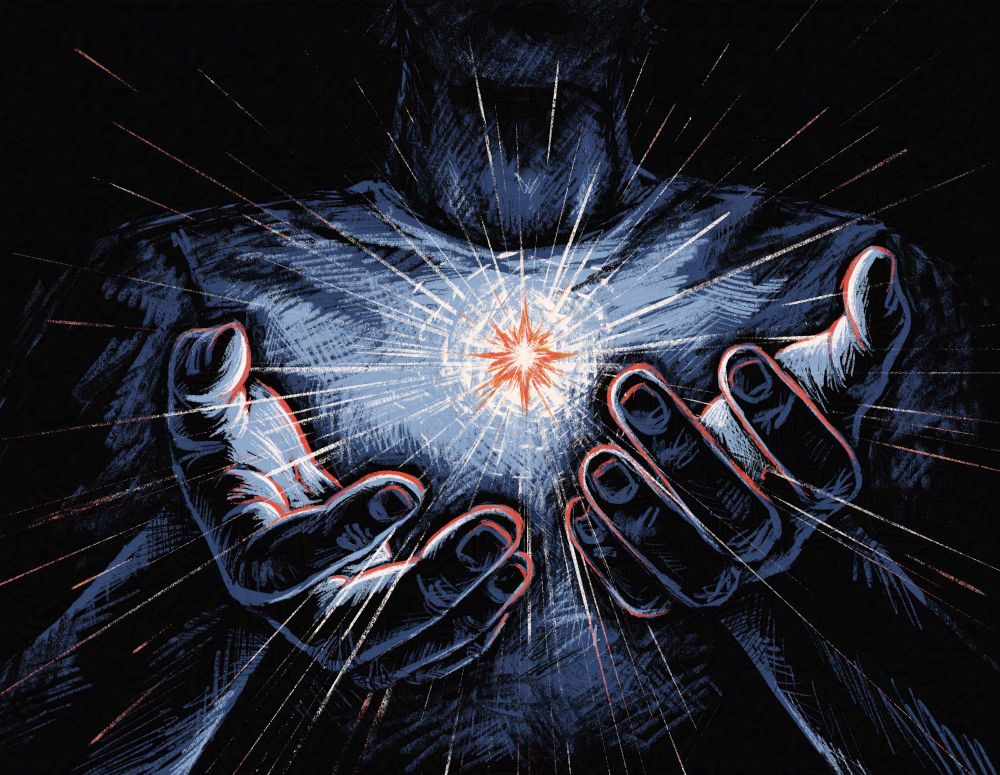 Art of a person's hands at chest level, drawn in a sketchy style in primarily blue, red, and orange on a black background. The person's hands nervously, but reverently, reach for a small star that hovers above them.