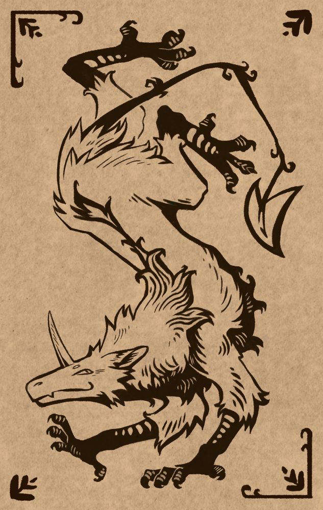 A medieval manuscript style imaginary creature with a single horn, bird feet, and a devilish tail. It sports a devious grin and is drawn with a heavy ink style.