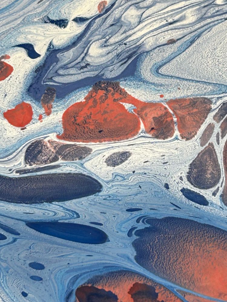 More polyurethane & conversion varnish, more blue & white, but also a red CV clear coat mixing with the white and contrasting with the blue.