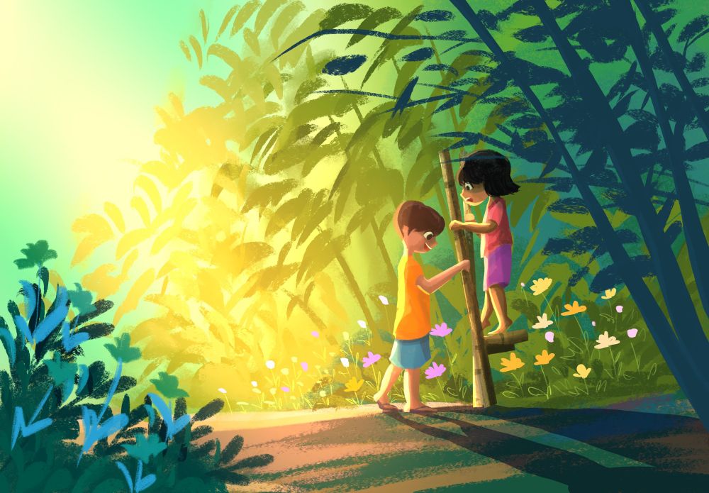 Filipino children playing karang on a summer afternoon, surrounded by bamboos. Illustration by Darlee Urbiztondo, also known as Happylee