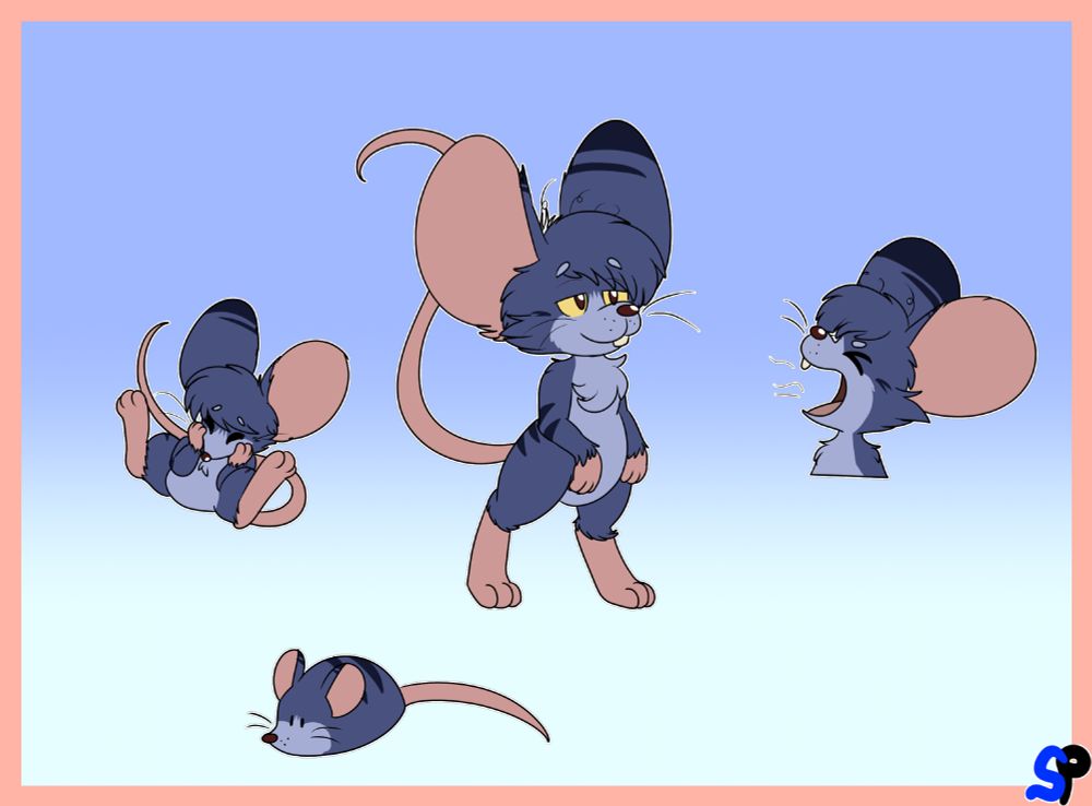 A doodle page of a royal blue mouse, in a standing profile view, yawning, holding his face in a shy pose, and a simplistic form.
