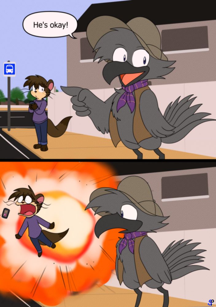 Terrence stating the viewer, "He's okay!". With Zale looking over in the distance.
The next panel depicts a random explosion that Zale gets caught in, with Terrence looking over in horror.
