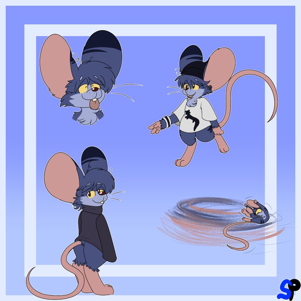 A doodle page featuring an anthropomorphic mouse in some casual outfits, a bust shot of the mouse sticking out his tongue, and a small fullbody of the mouse being swung around.