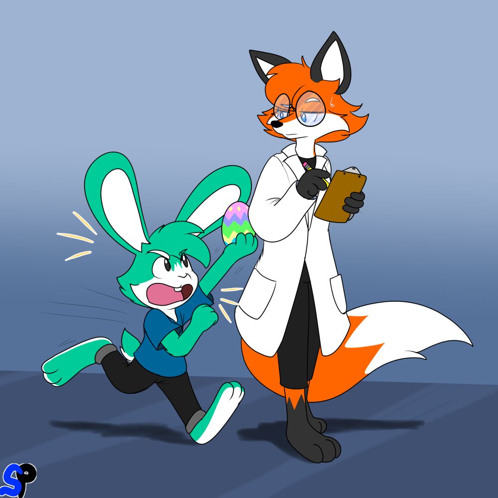 A scene depicting an anthropomorphic rabbit and fox. The rabbit is running towards the fox shouting in exclamation while holding a multicolored egg in their hand. The fox looks down at the rabbit with a befuddled expression.