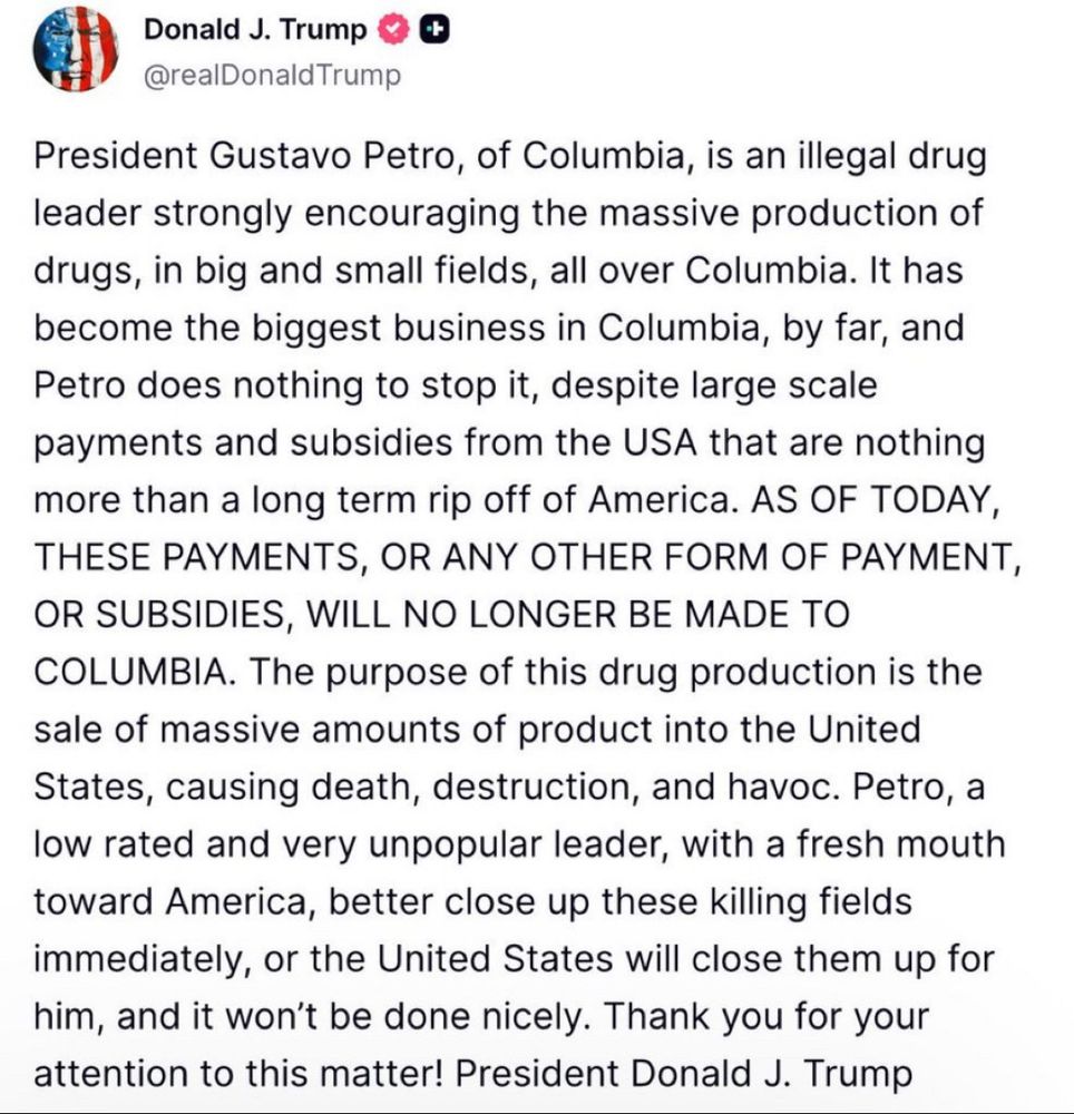 Trump writes Columbia instead of Colombia, multiple times, in an online rant against the President of the South American country. 