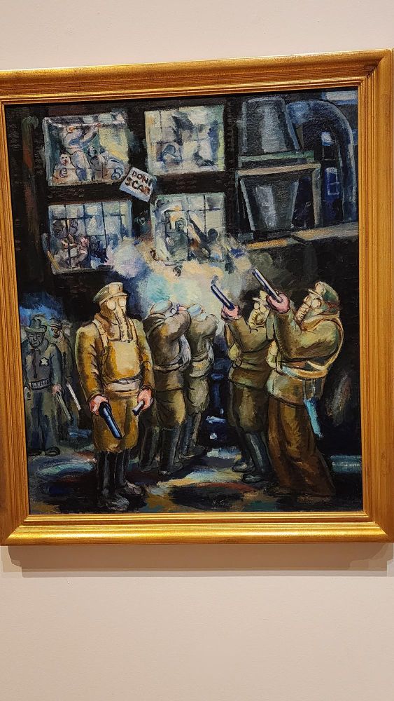 Expressionist depiction of a scene of brutal confrontation with an unsettling, dystopian quality.
​The foreground is dominated by a group of figures in military-style uniforms and bulky gas masks, their faces completely obscured. Three of them are actively firing handguns up toward the windows of a dark, industrial-looking building. Blue-tinged smoke or gas billows from the muzzles of their weapons and the broken windows.
​Through the shattered windowpanes, distressed figures—possibly factory workers or civilians—are visible. A single sign, crudely painted, hangs on the exterior and appears to read "DON'T SCAB" (or similar), suggesting the scene is a depiction of a labor dispute, riot, or political repression.
​The overall mood is dark and violent, emphasizing themes of dehumanization, conflict, and the brutal suppression of dissent.