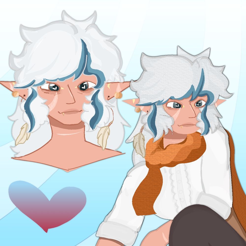 Art of my OC 
- one is a drawing of the shoulder up
- other is upper body drawing of her crouched down 
She's so silly I love her