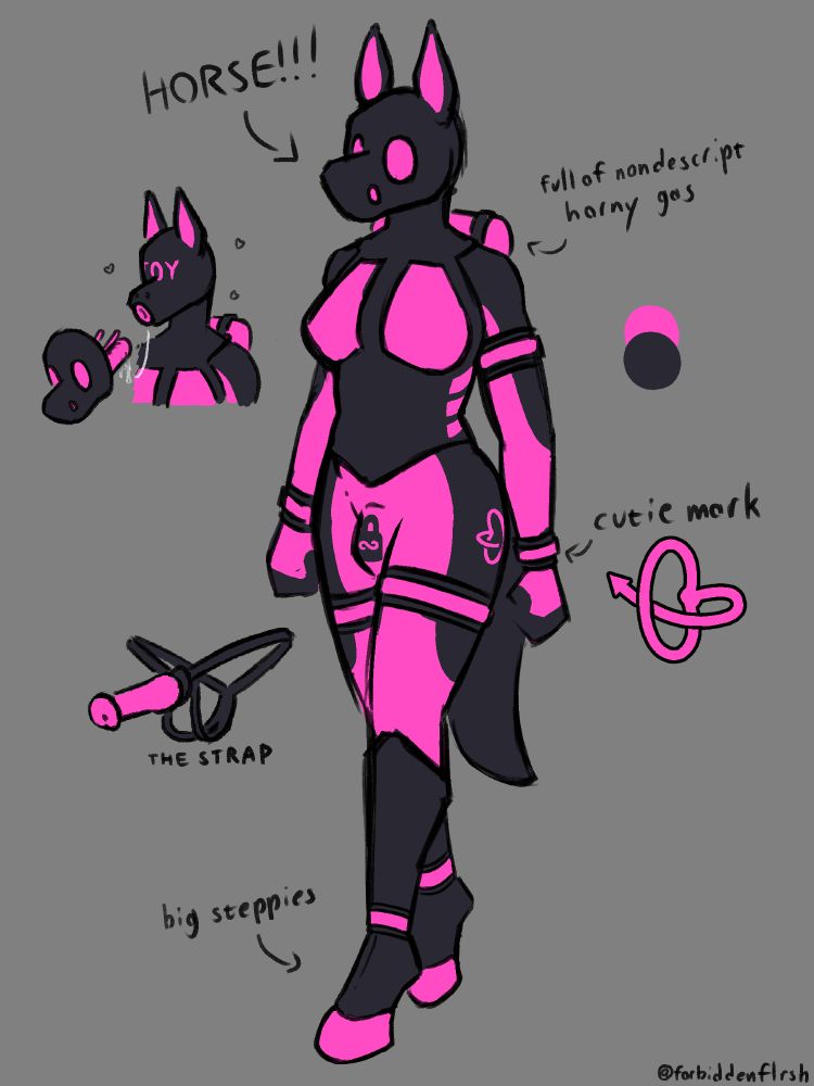 a ref sheet for country curves the horse's rubber toysuit. it's in black and pink, featuring her cutie mark on her flank. there's additional graphics for her removable gas mask and her horse dildo strapon that goes over her null bulge.

this version is unshaded
