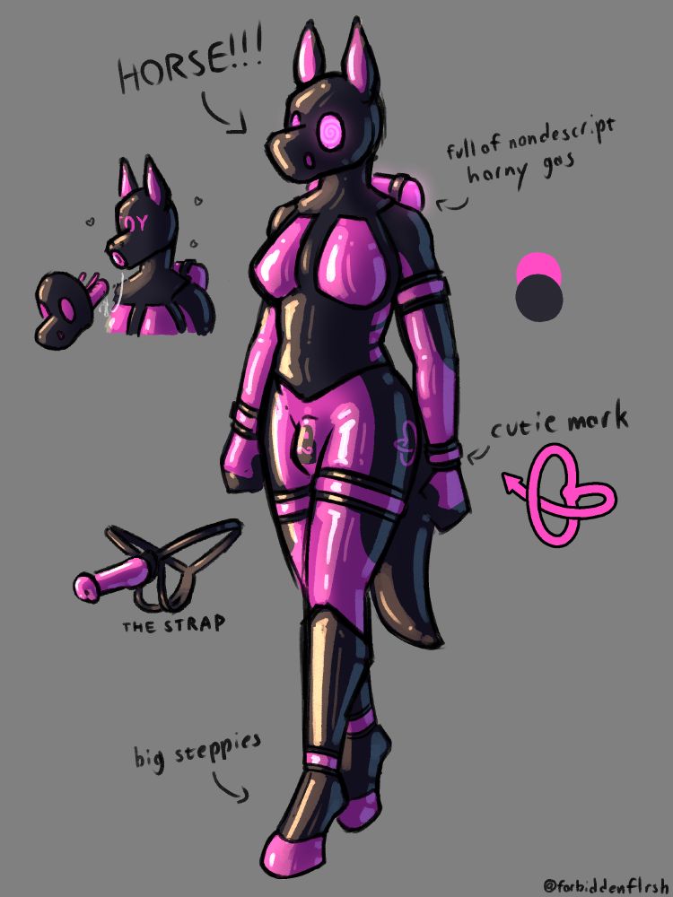 a ref sheet for country curves the horse's rubber toysuit. it's in black and pink, featuring her cutie mark on her flank. there's additional graphics for her removable gas mask and her horse dildo strapon that goes over her null bulge.

this version is shaded