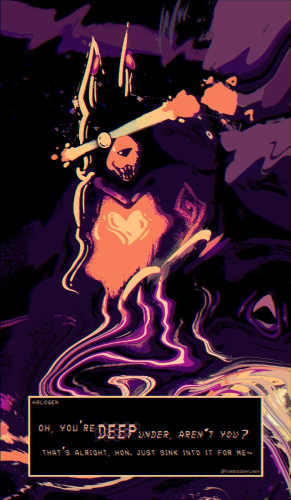 psychedelic, distorted digital art of my noctide character Halogen, half-visible, dissolving into abstract liquid patterns a vaguely rpg maker-esque text box in front reads 