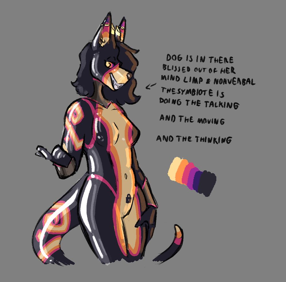 a loose, first-draft sketch of my fursona helix symbiotically bonded with a noctide (rubber symbiote species created by bassenji) and wearing it as a suit

or more accurately, the suit is wearing her

text reads “dog is in there blissed out of her mind limp and nonverbal / the symbiote is doing the talking / and the moving / and the thinking”