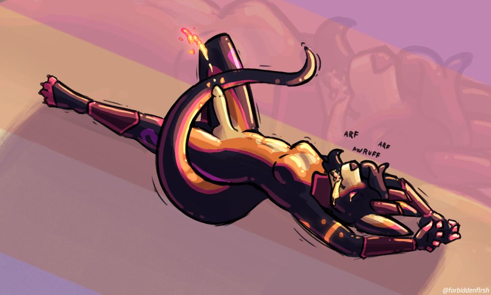 my fursona helix, in her alternate noctide rubber creature form "halogen," splayed out on her back and busting a fat nut

she's barking. the cum is also latex, and is luminescent and sunset-hued like she is