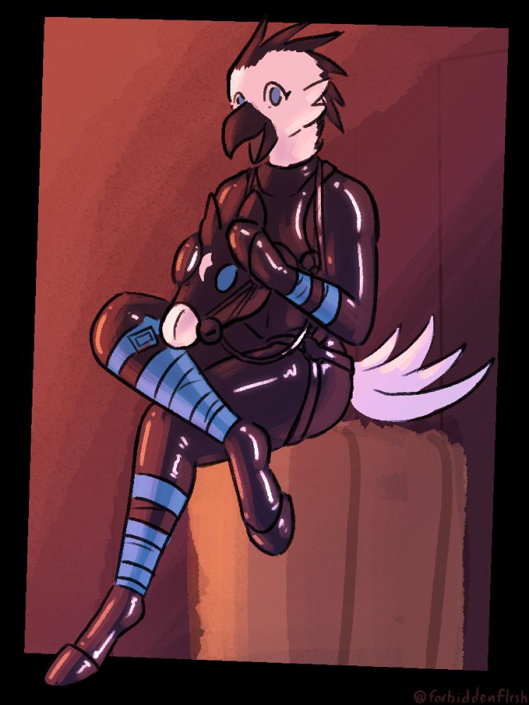 icky the raven sitting on a hay bale in full latex pony play gear, holding their pony mask in their lap