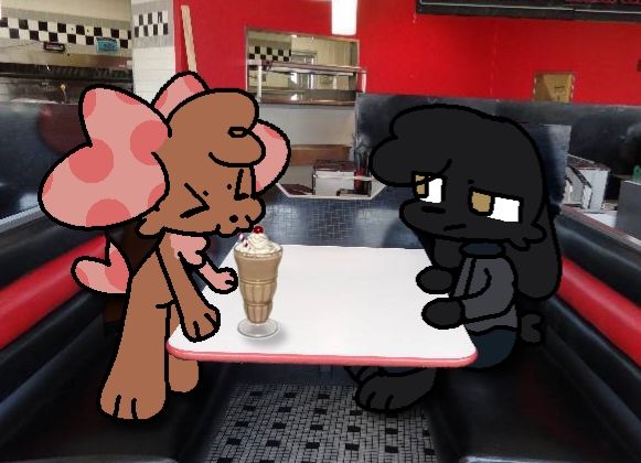 Two silly creatures (left is a dog right is a rabbit) dining at steak n shake. The dog companion is expressing immense joy and contentment as it indulges in the consumption of a milkshake, while the rabbit, exhibiting a sense of mild irritation, appears to be somewhat displeased with its presence in this establishment.