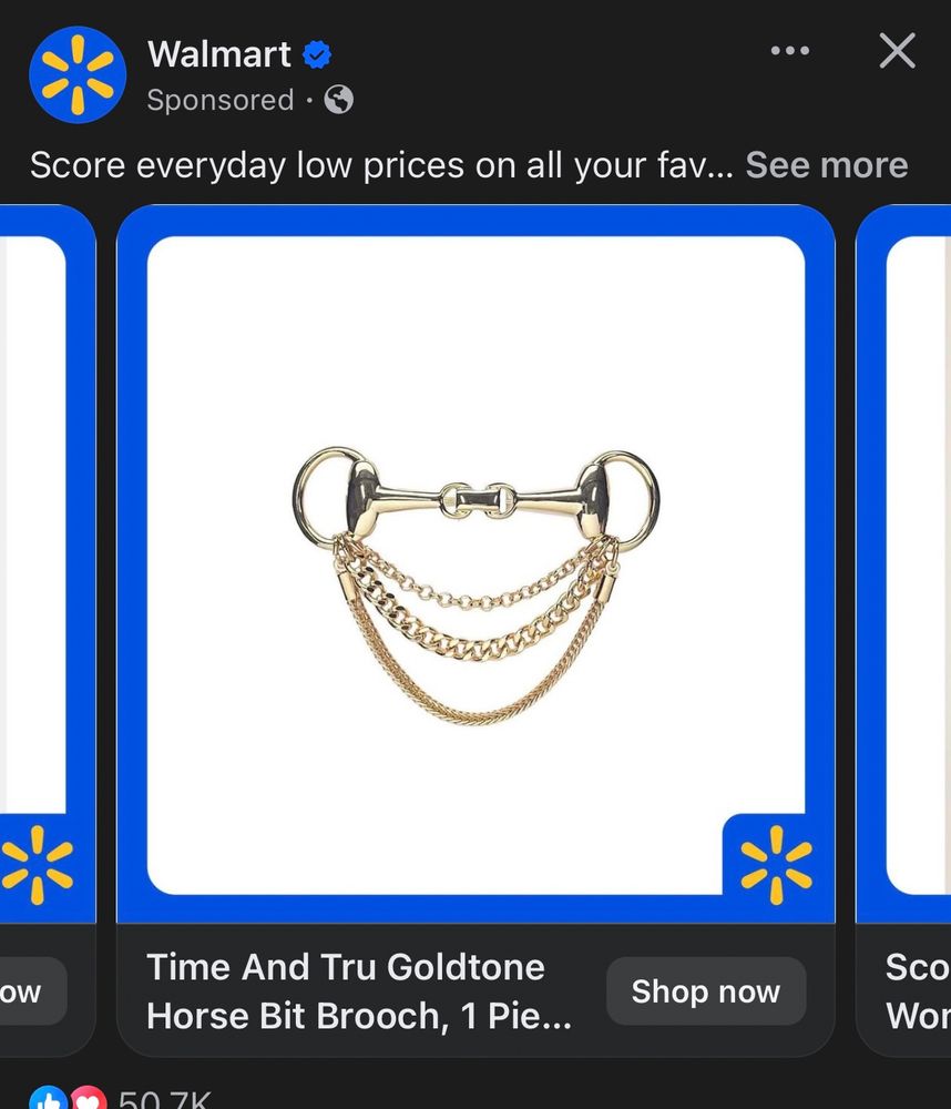screenshot of a Walmart ad featuring a horse bit brooch