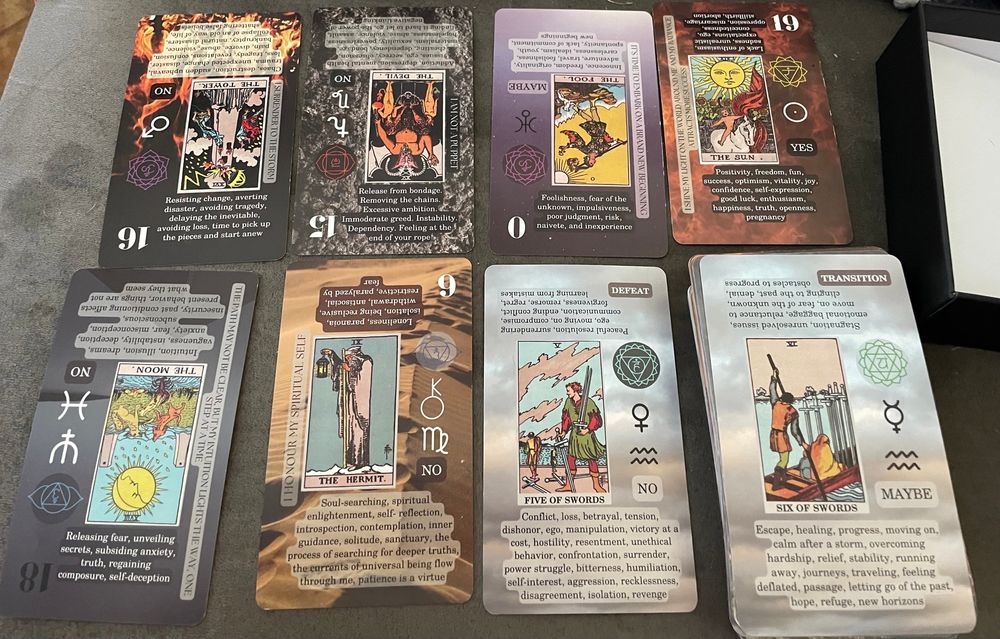 Tarot spread of eight cards. The Tower, The Devil, The Fool, and The Moon are in reverse. The Hermit, Five of Swords, The Sun, and Six of Swords are upright. 
All cards feature brief explanations and interpretations. 