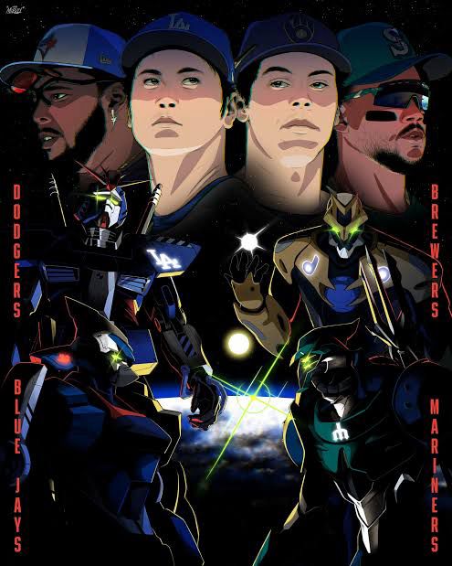2025 MLB playoff art from when four teams remained. Each team is represented by a player I can’t name and a mecha of varying what-it’s-based-on obviousness. The Dodgers have a Gundam
